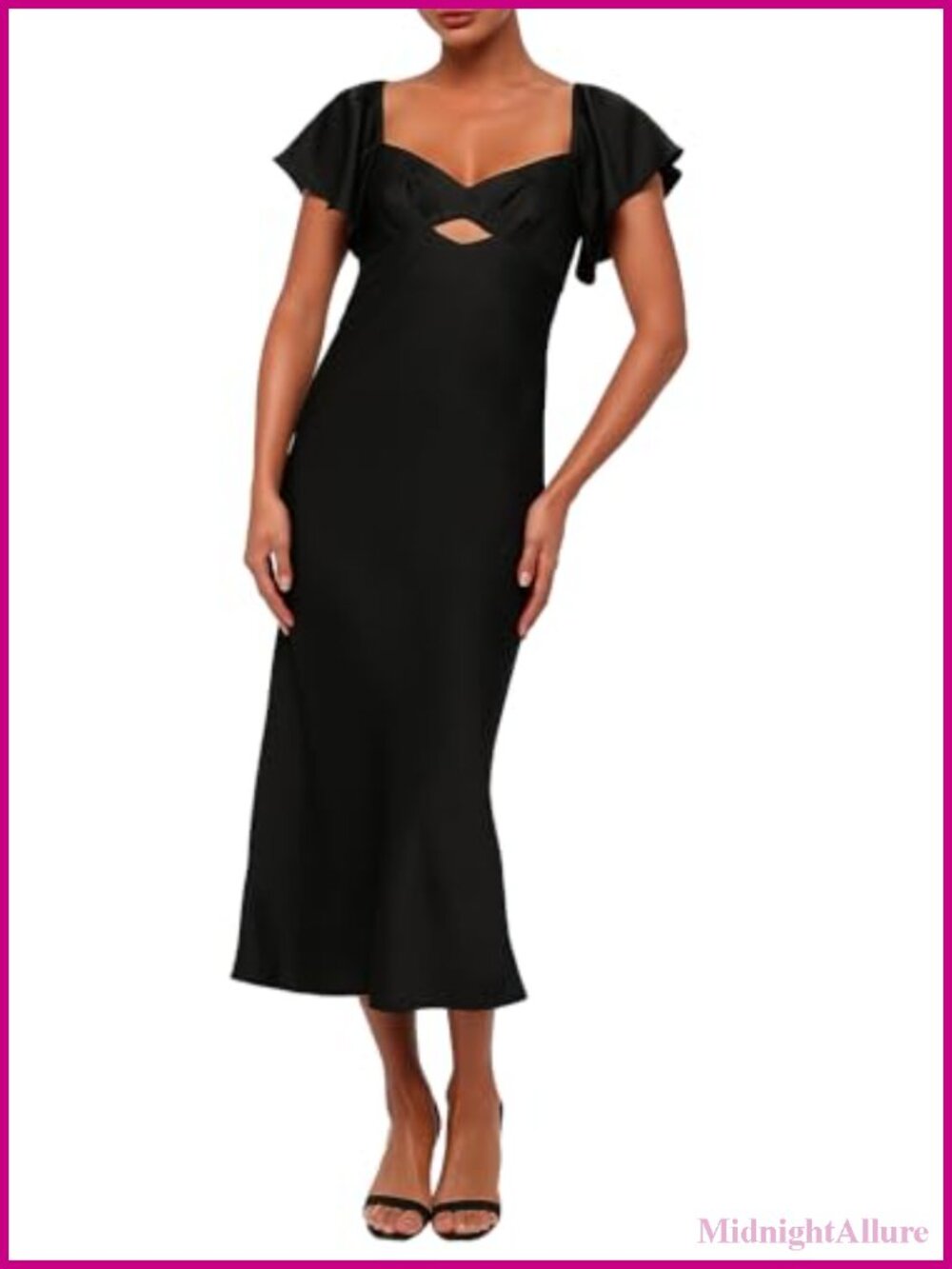 Satin Midi Dress with Sweetheart Neckline and Flutter Sleeves